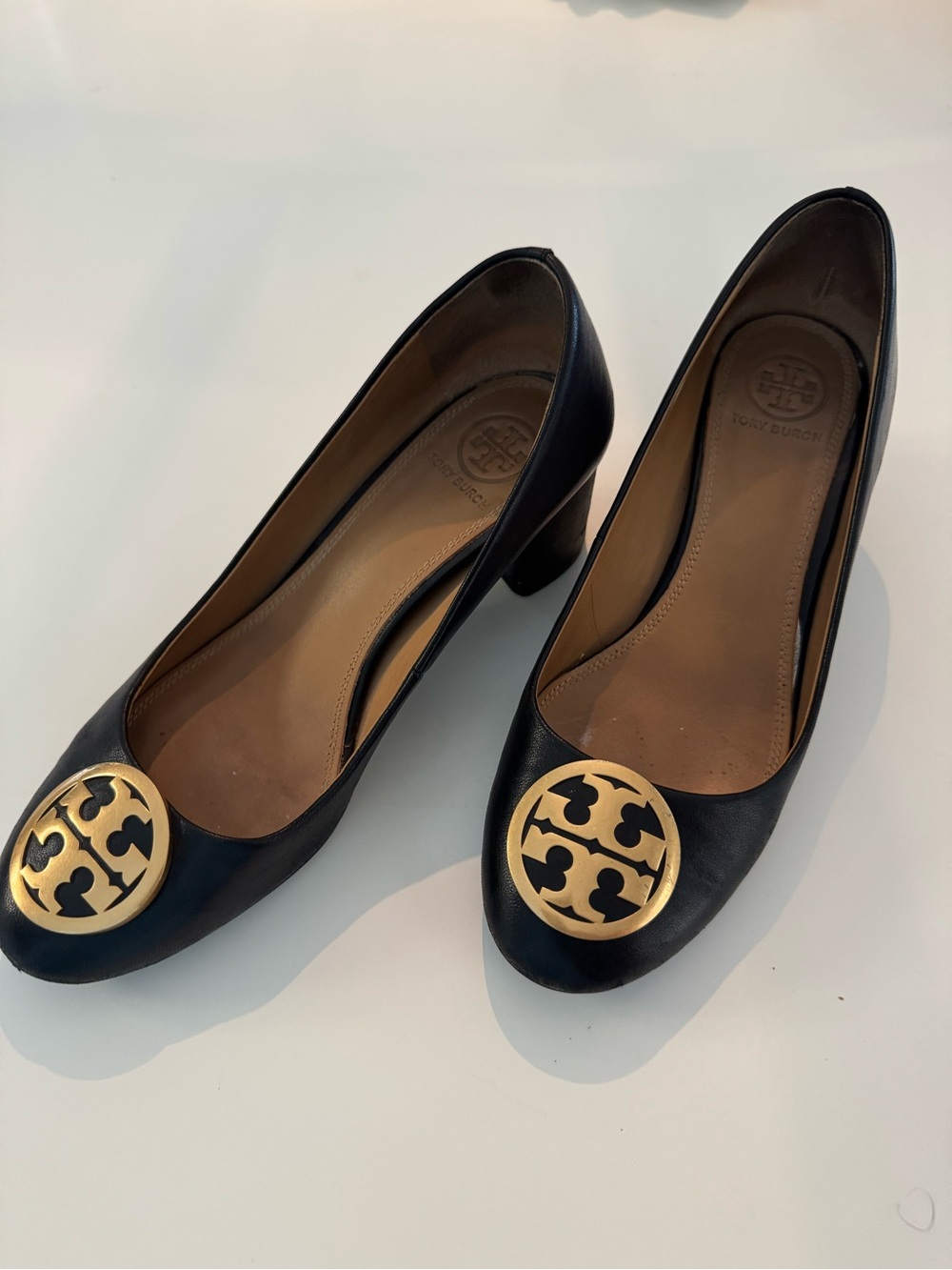 Tory Burch Black Leather Block Heel Pumps with Gold Logo Medallion
